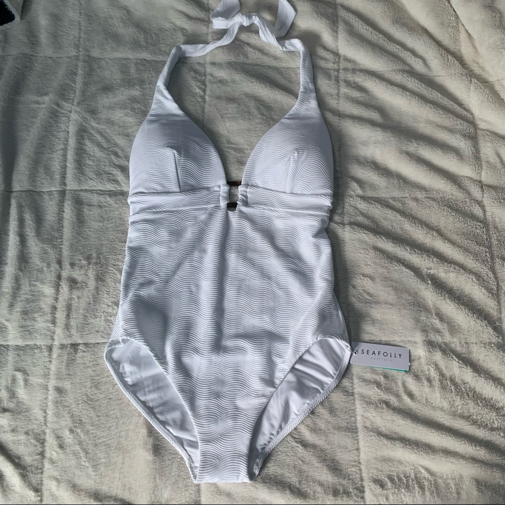 Seafolly White Waved Ribbed Halter One Piece